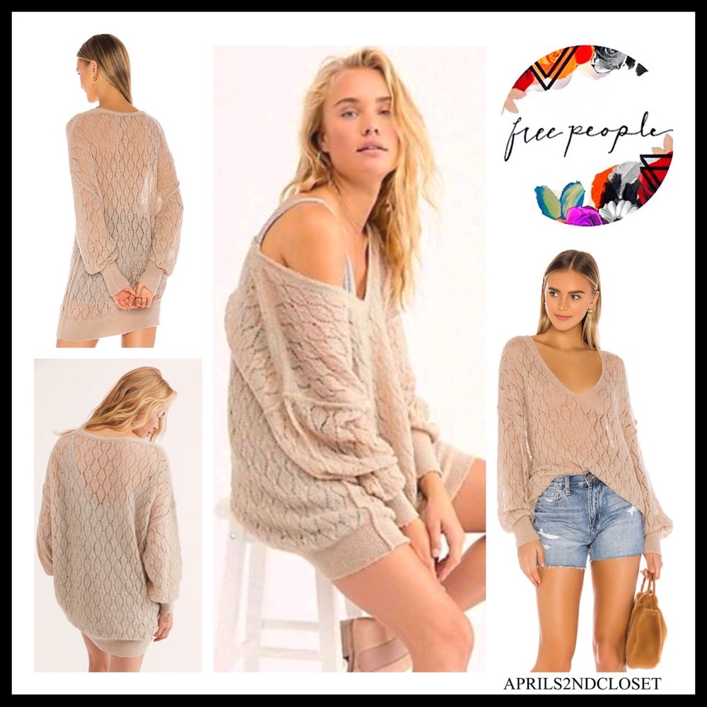 FREE PEOPLE BOHO PULLOVER V-NECK TUNIC SWEATER A2C - Picture 1 of 16